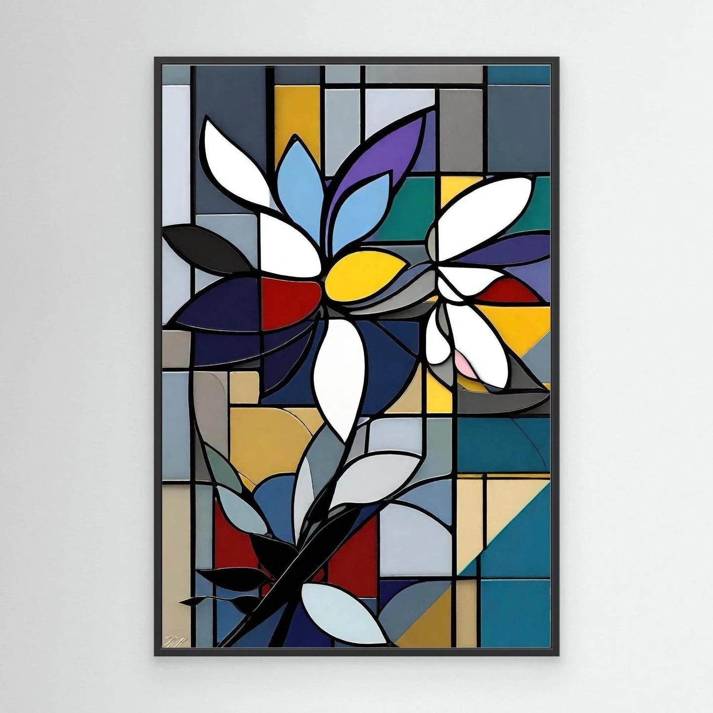 Framed stained glass flower wall art with geometric petals in blue, yellow, purple, and white; black border