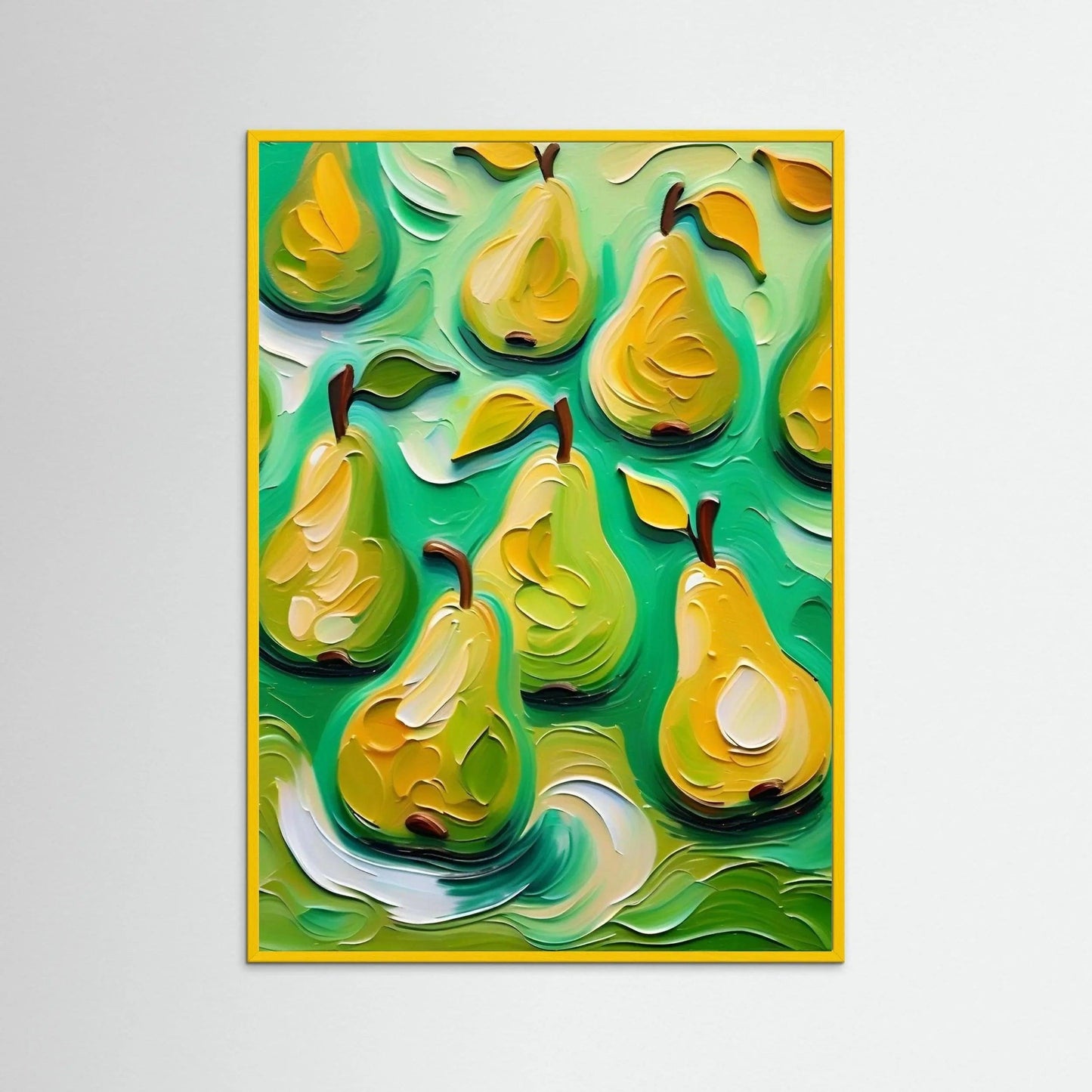 Abstract pear wall art with textured colorful pattern, yellow wood frame