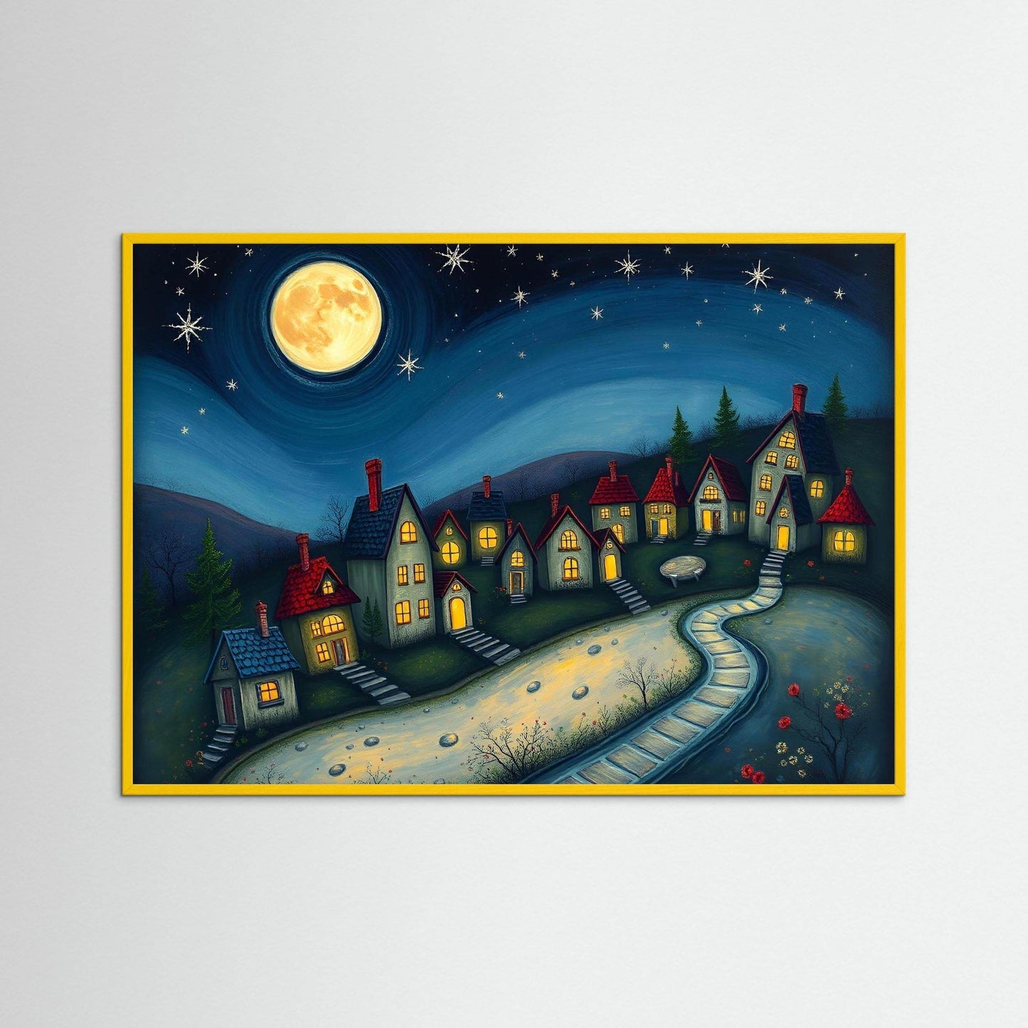 Dreamlike Village 13 - Contemporary-Folk-Art-Moonlit-Serene - Esmonbijouart