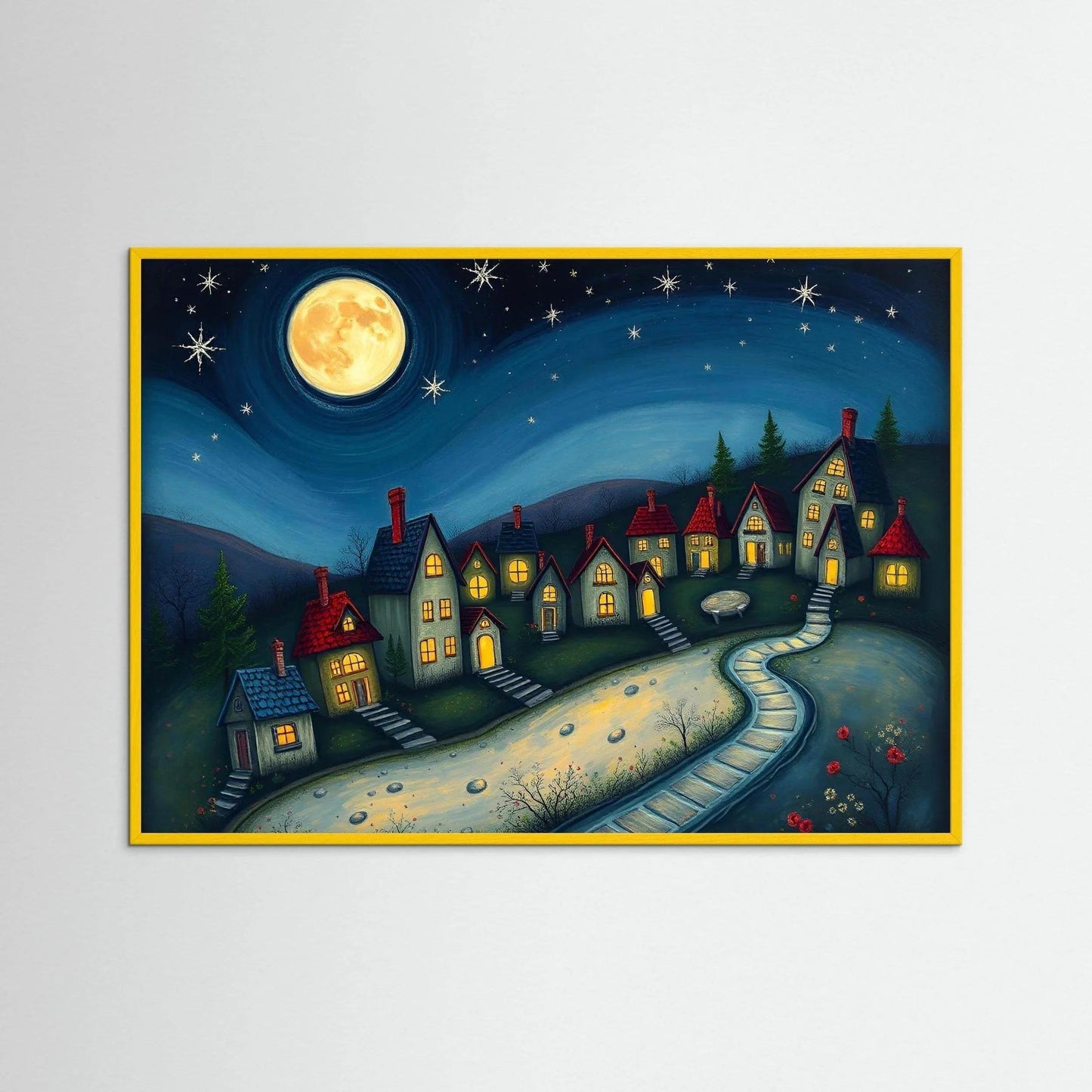 Framed moonlit village wall art with glowing windows, yellow frame