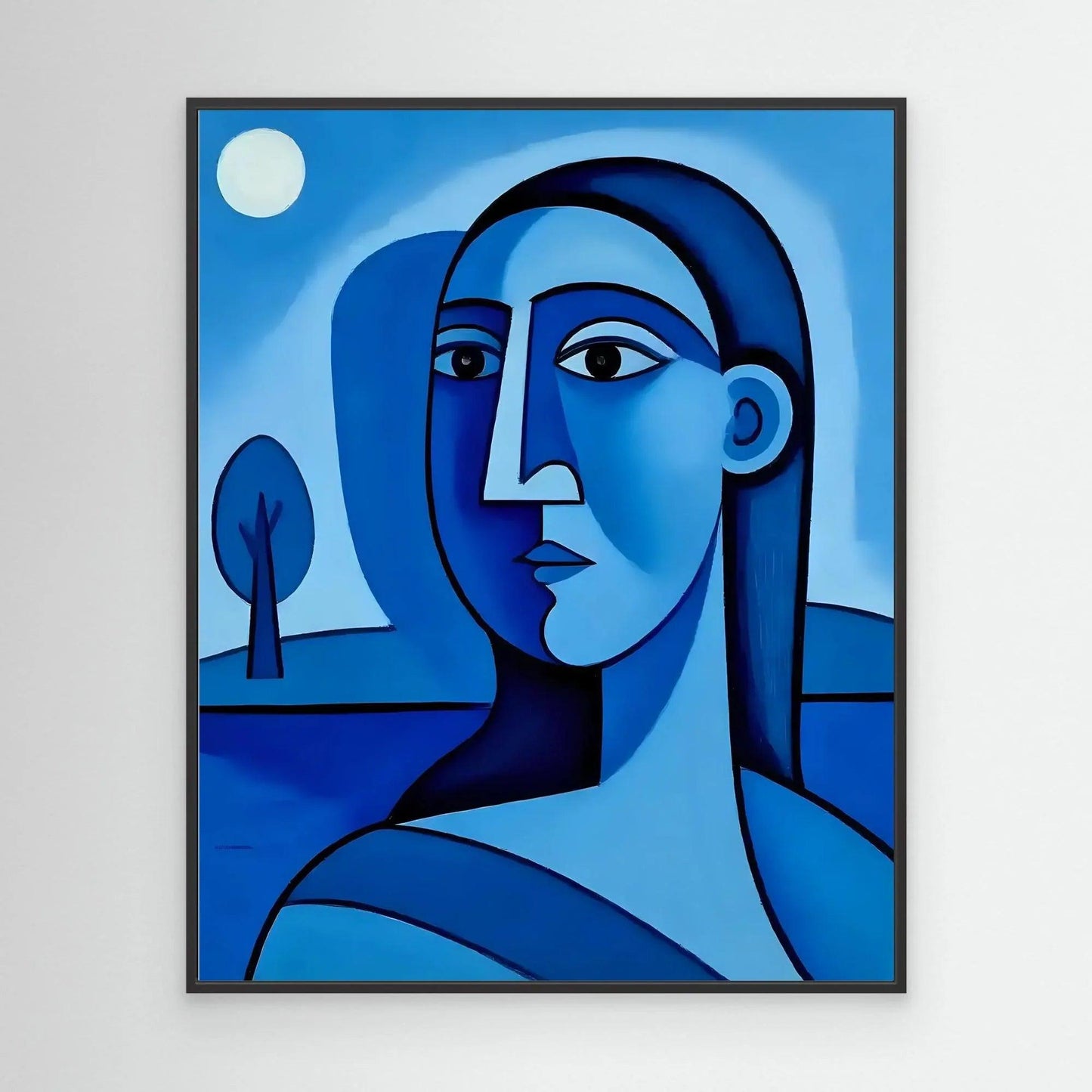 Abstract blue portrait wall art with dark frame, featuring a stylized woman profile.