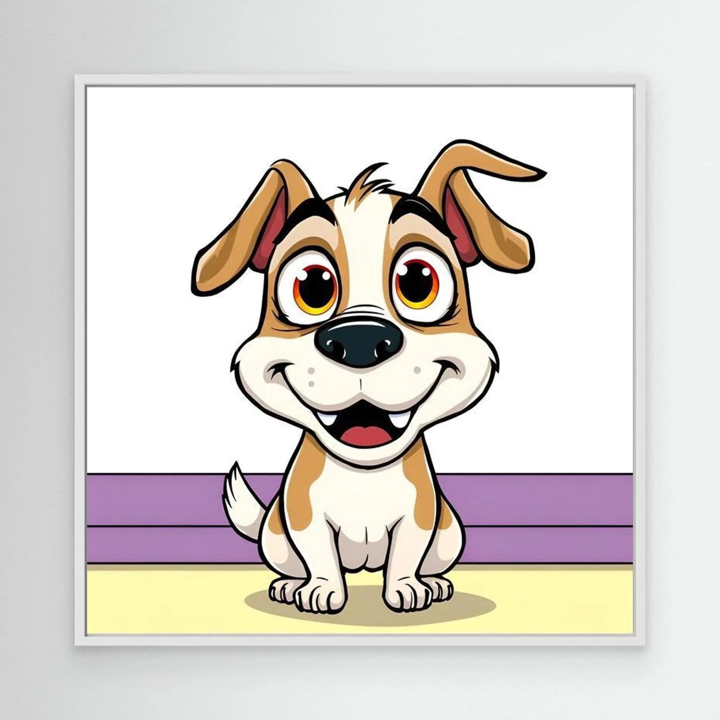 Cartoon dog wall art featuring a brown-and-white dog, silver frame