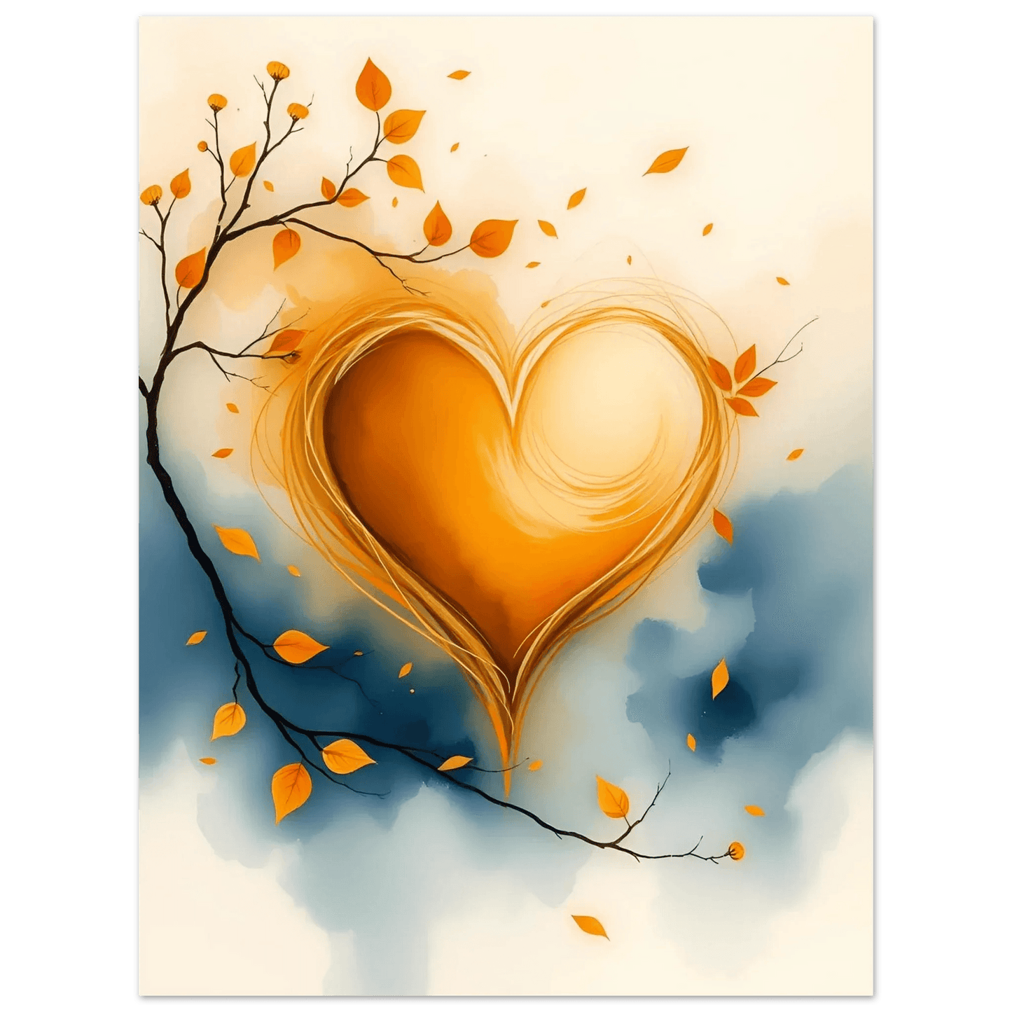 Golden heart watercolor canvas featuring autumn branches, orange leaves, and watercolor sky blues