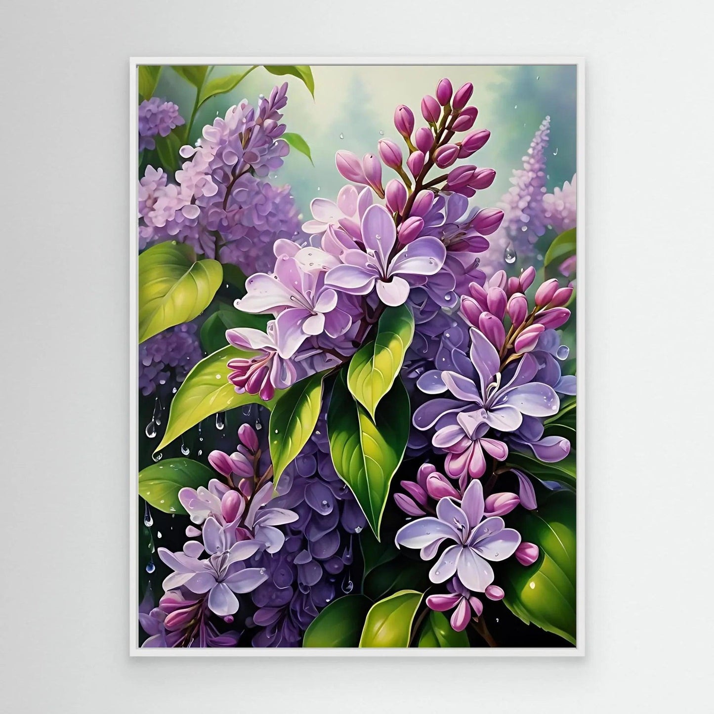Framed lilac flower wall art print with purple blossoms and green leaves, white frame
