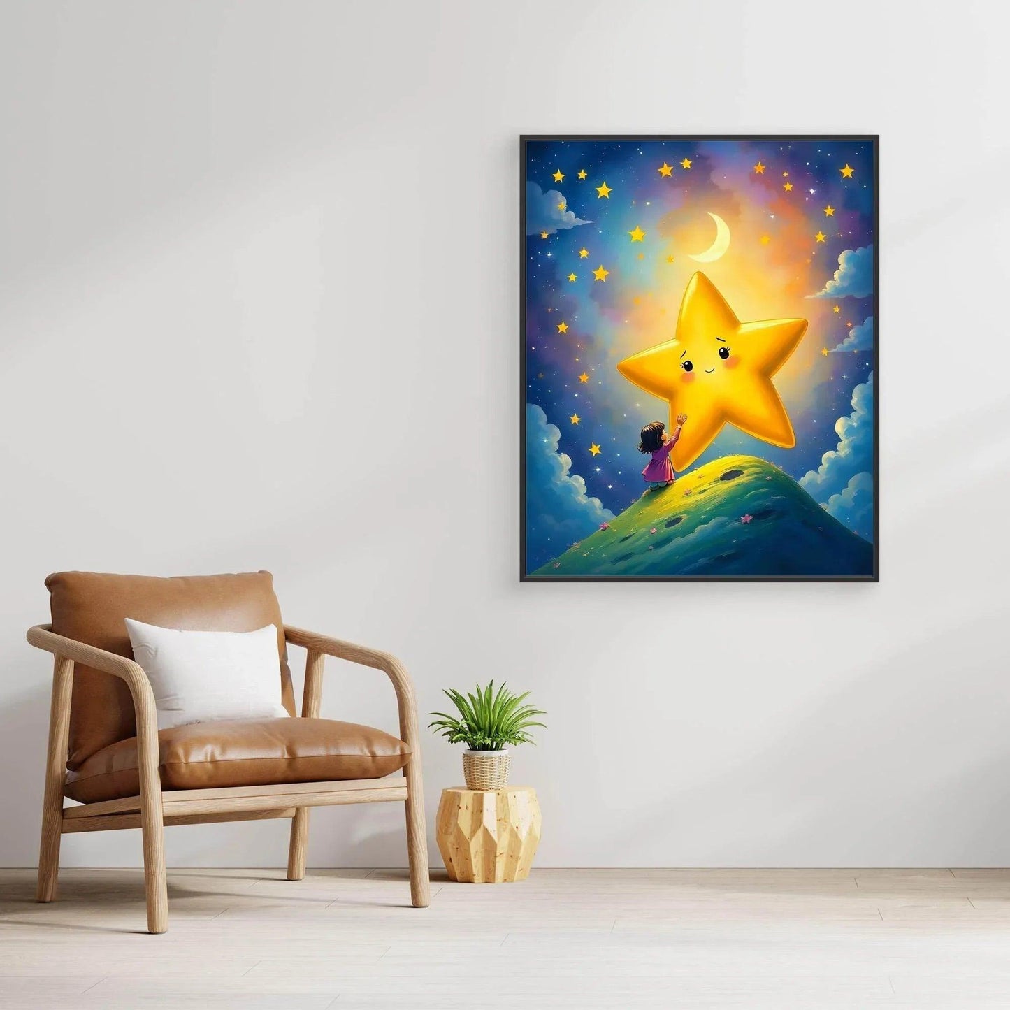 Small framed celestial wall art showing a smiling yellow star on a green hill