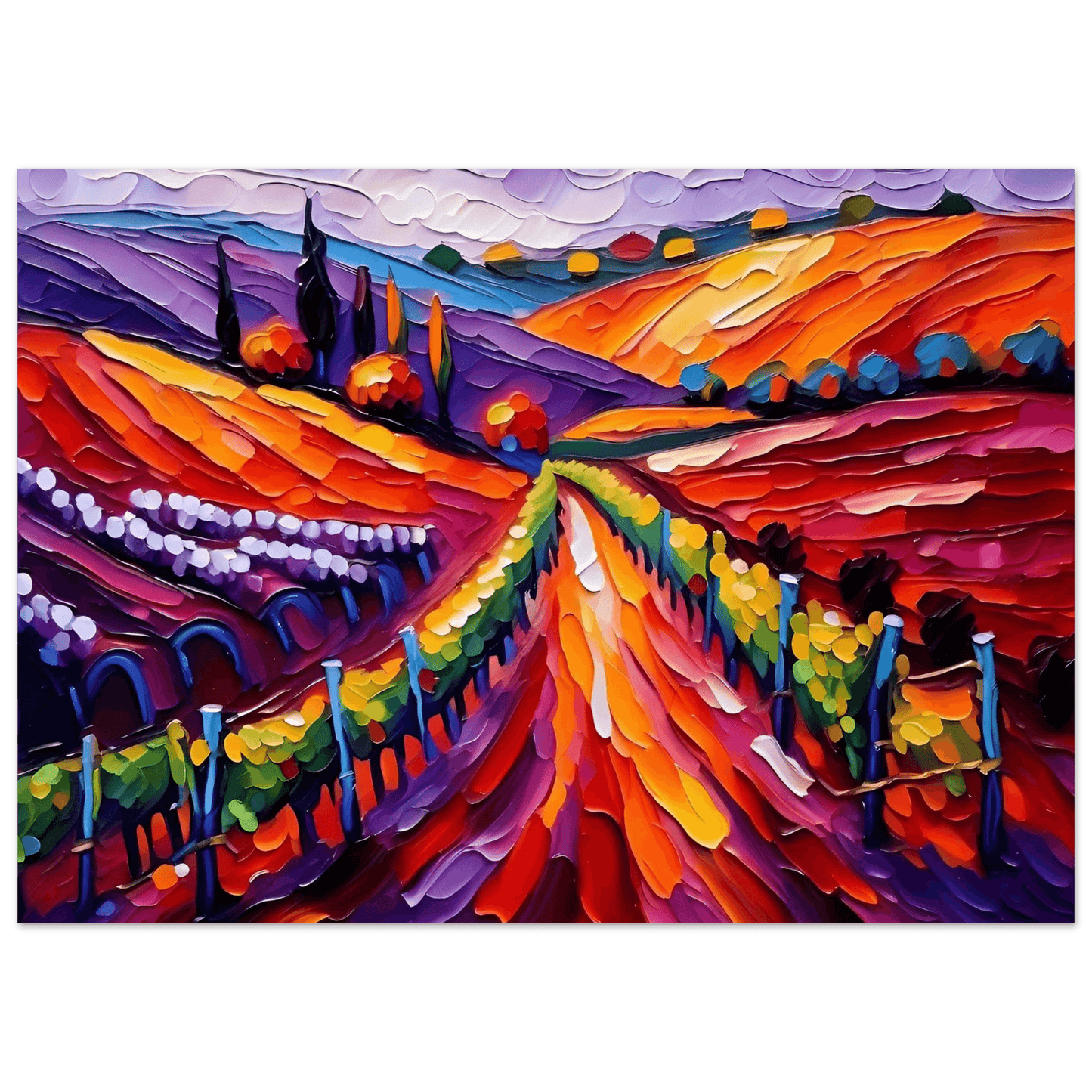 Textured vineyard landscape canvas with vivid red, orange, and purple brushwork
