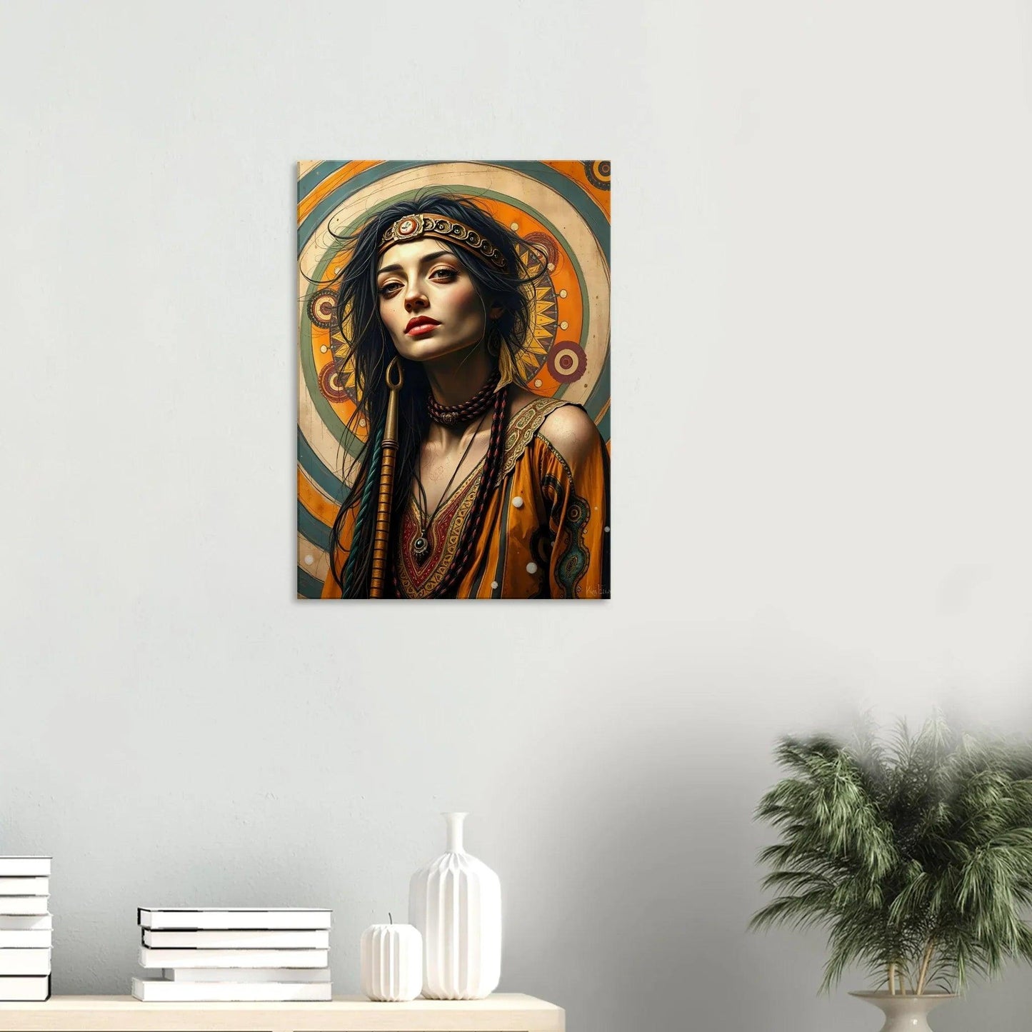 Small wall-hung Art Nouveau portrait of an ornate woman with dark hair and gold headpiece
