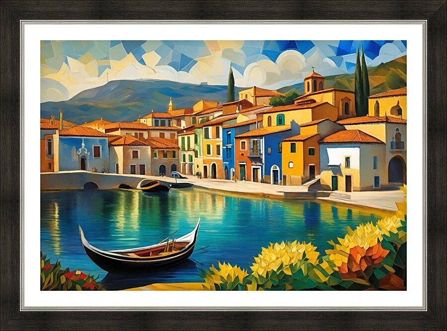 Framed geometric coastal wall art print with gondola boat and colorful waterfront buildings