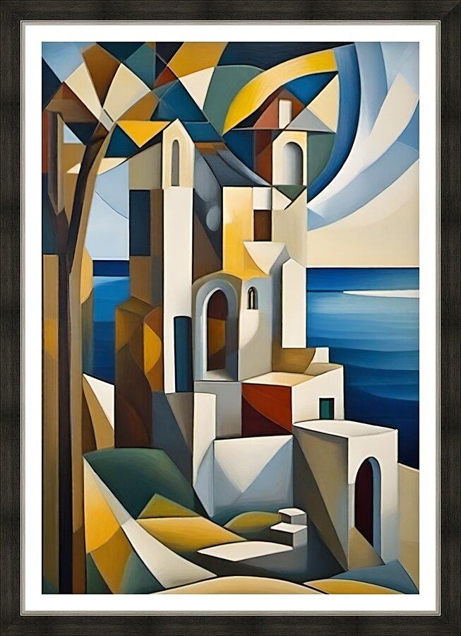 Framed Cubist architectural wall art print with white towers, arches, and blue sea waves