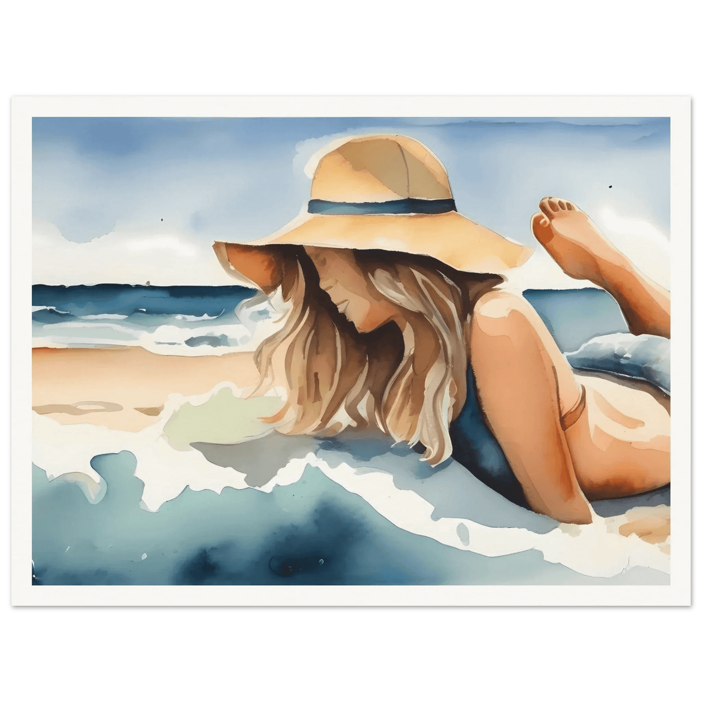 Framed watercolor beach art print with woman sitting by ocean