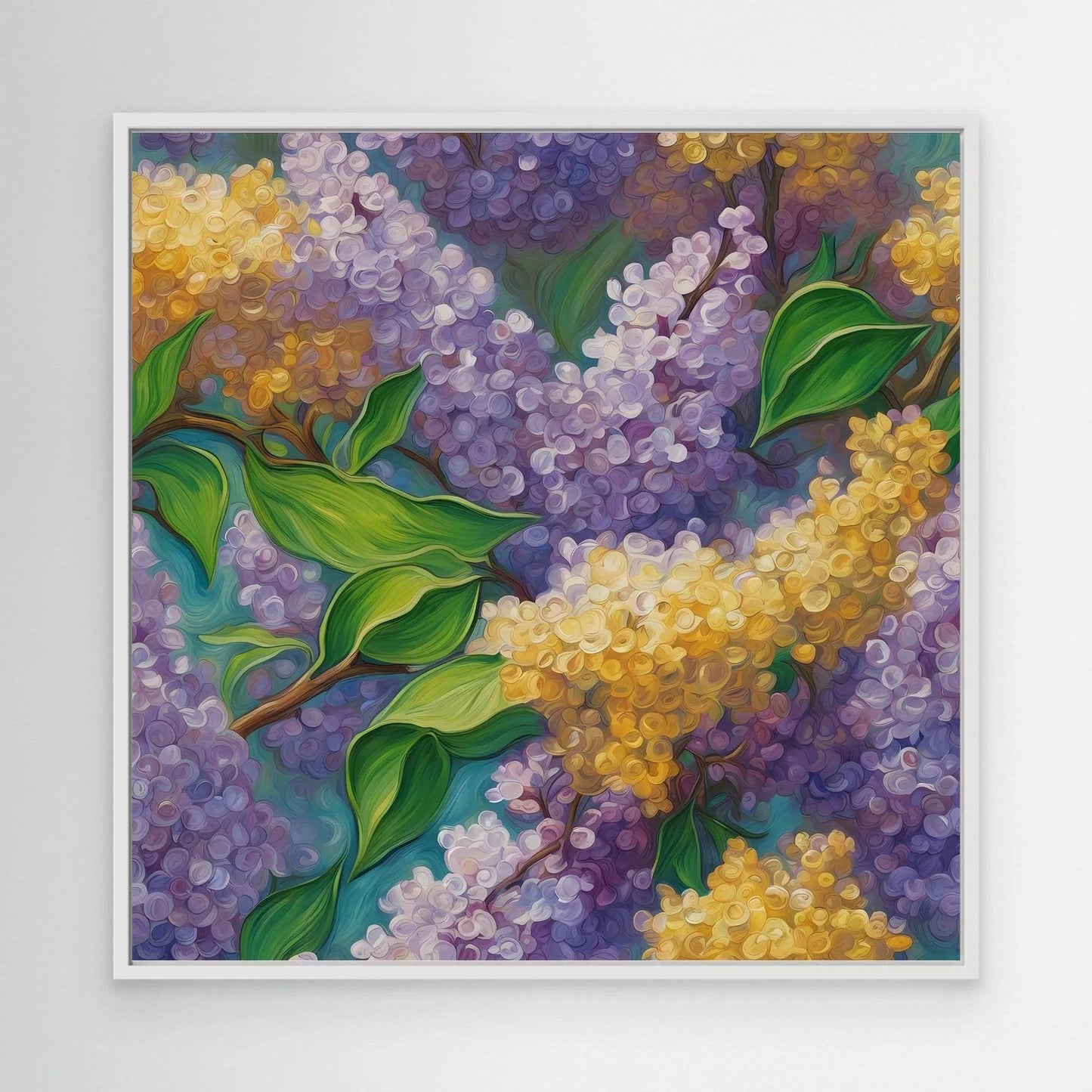 Framed floral wall art with purple lilac and yellow blossoms, green leaves