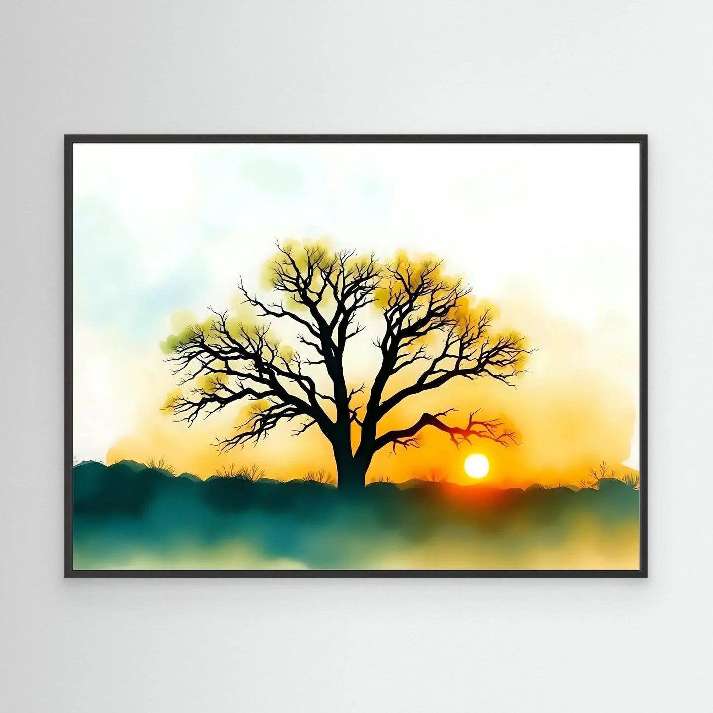 Black-framed wall art print of a lone tree silhouette at sunset with golden sun and green hills