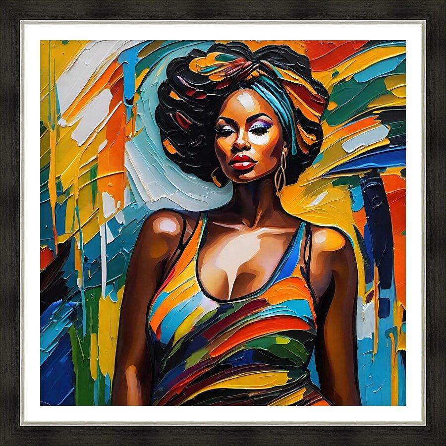 Framed abstract woman portrait wall art in colorful paint with black-and-white border