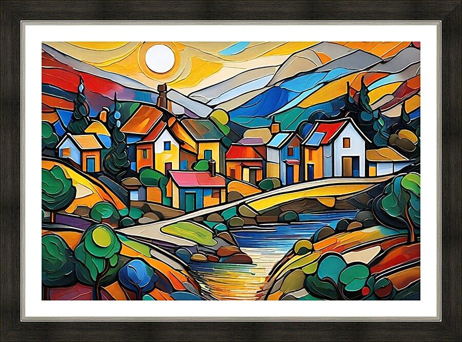 Framed vibrant line-art village landscape with colorful houses, river, trees, and mountains