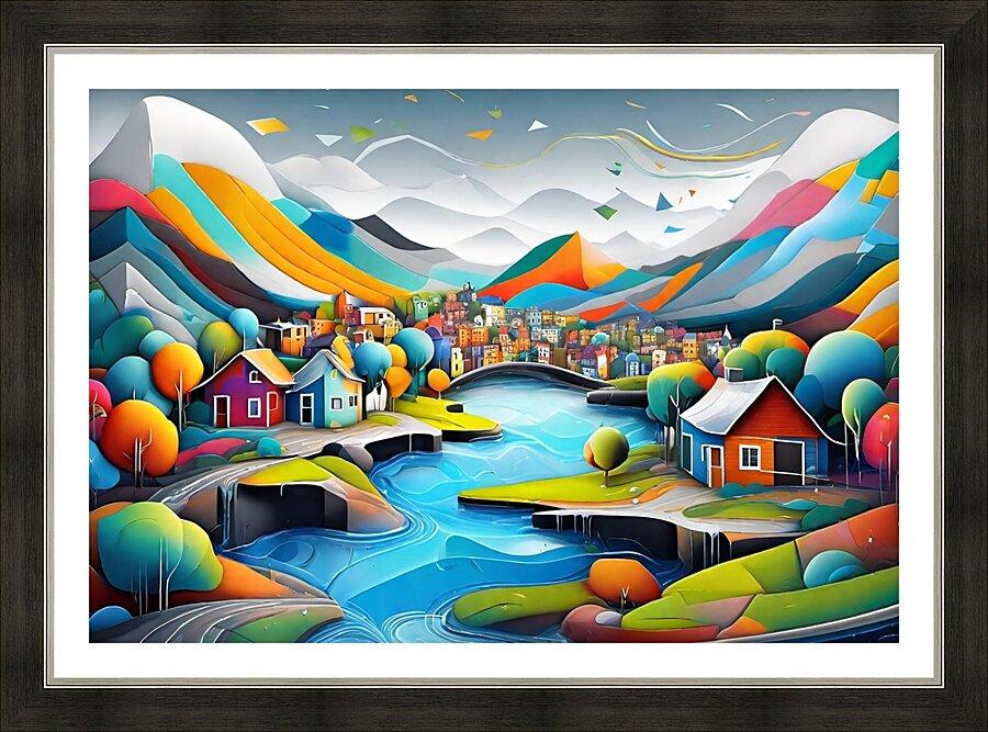 Framed whimsical village landscape print with river, houses, and colorful trees