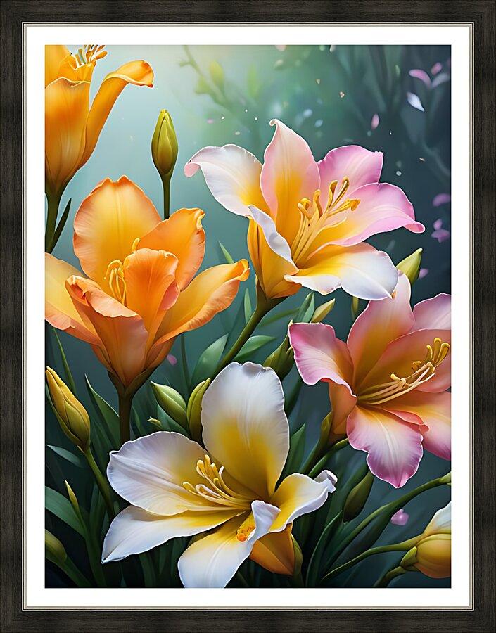 Framed tulip bouquet floral art print with orange, pink and white flowers on stems