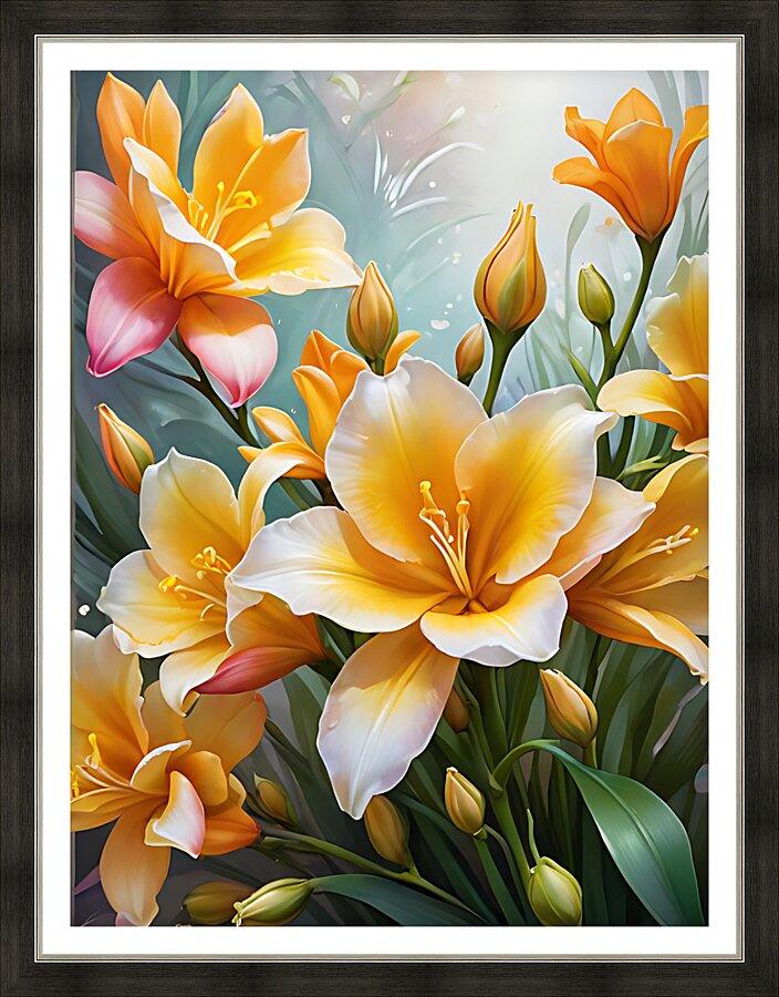 Framed lily floral print with white, orange, and pink flowers and green leaves