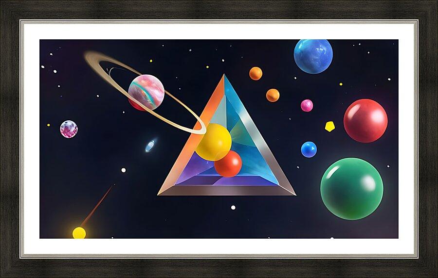 Framed abstract space geometry print with rainbow triangle and colorful planets
