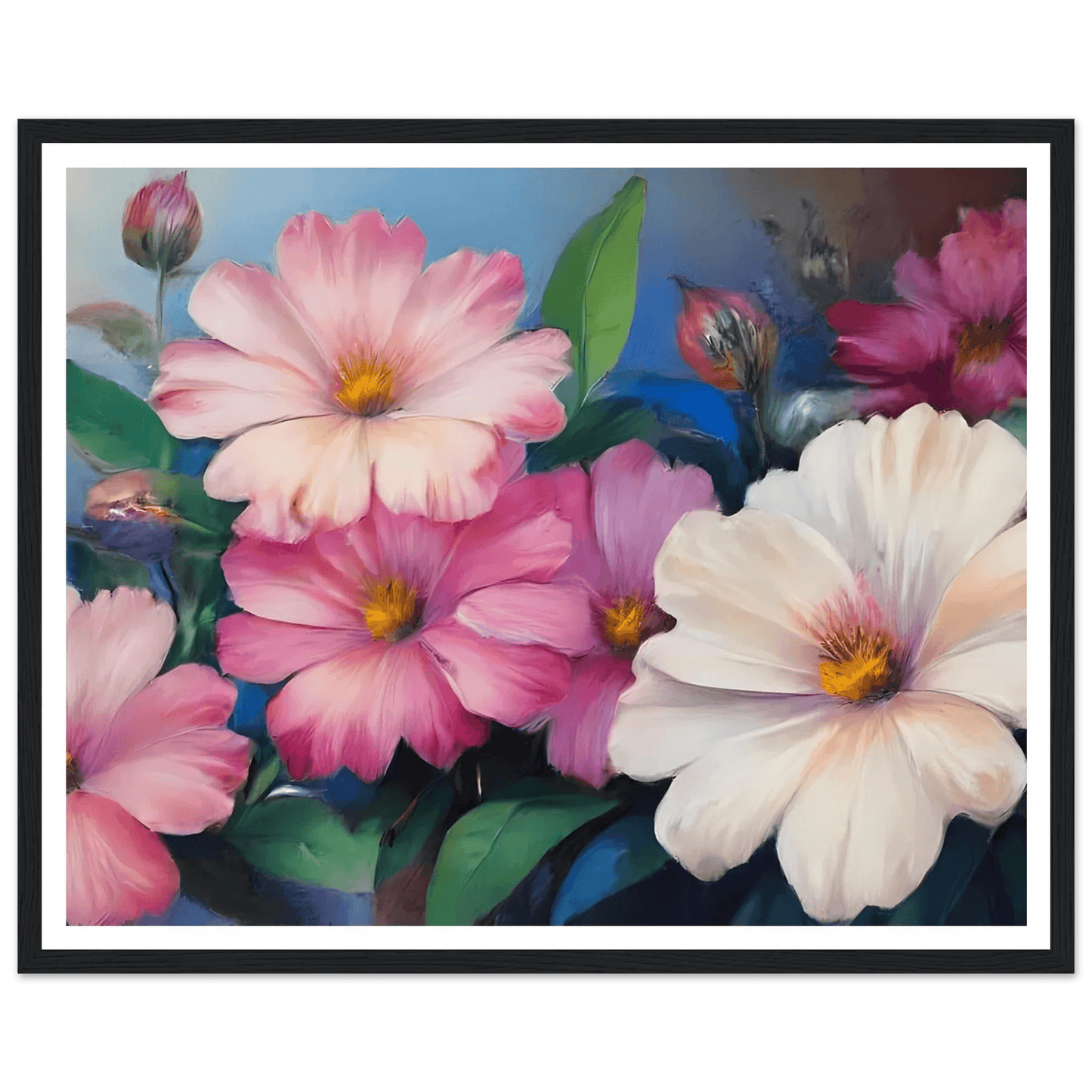 Floral painting poster with pink and white blossoms, black frame