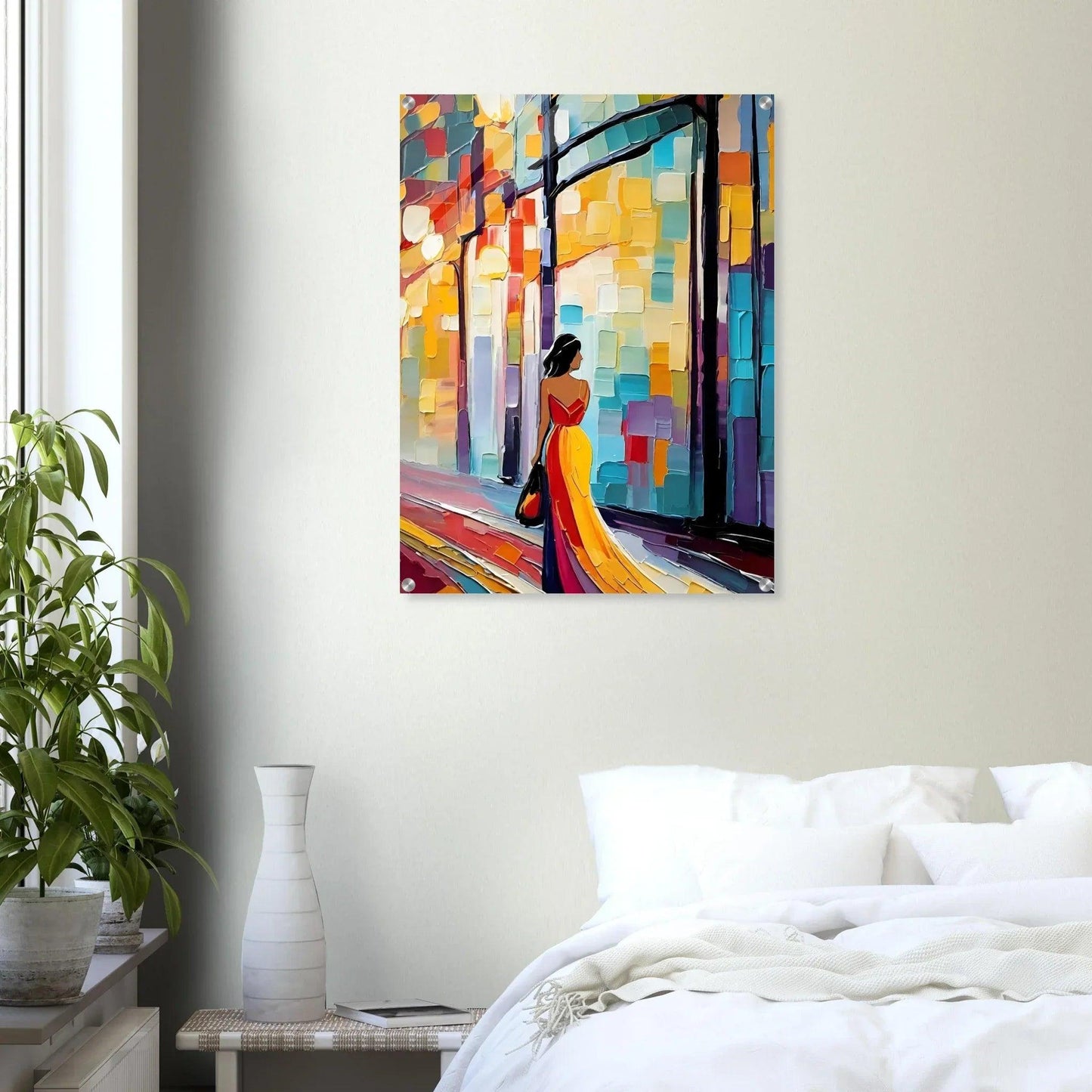 Colorful city figurative wall art featuring a woman in red top and yellow dress in street scene