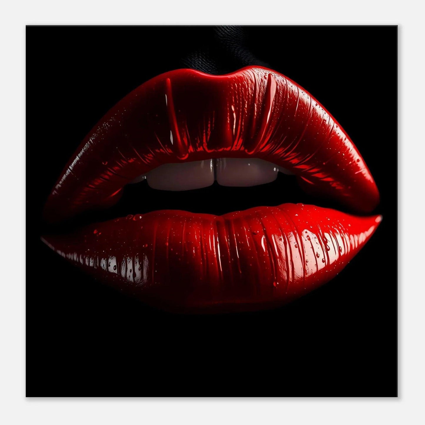 Framed canvas print featuring detailed glossy red lips on dark background