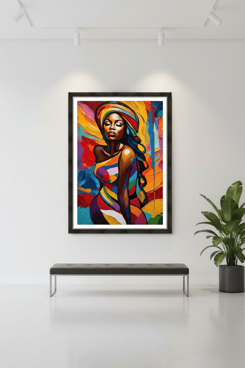 Framed abstract woman portrait with colorful geometric shapes