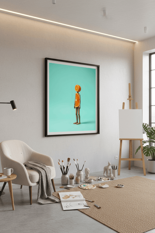Framed wall art print with orange standing figure on teal background