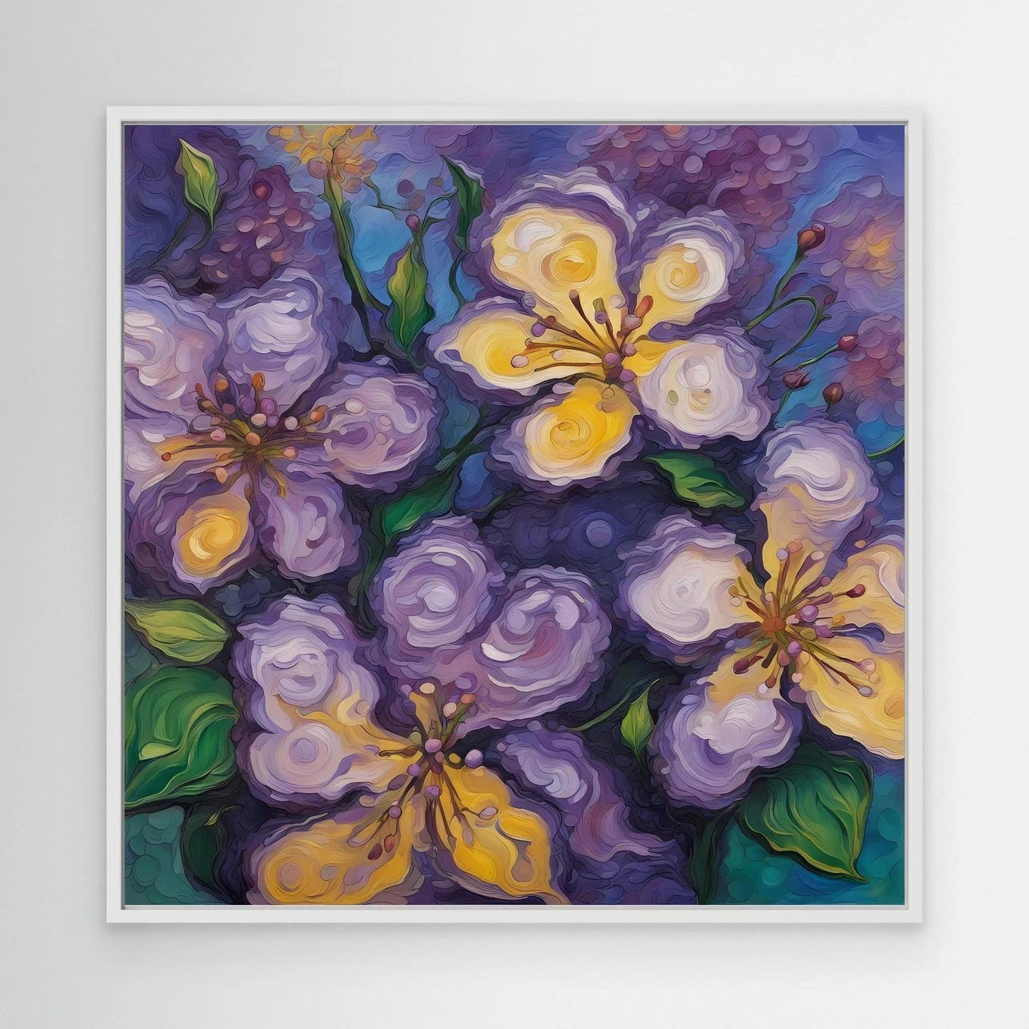 White-framed lilac floral wall art featuring purple blooms, green leaves, and yellow highlights.