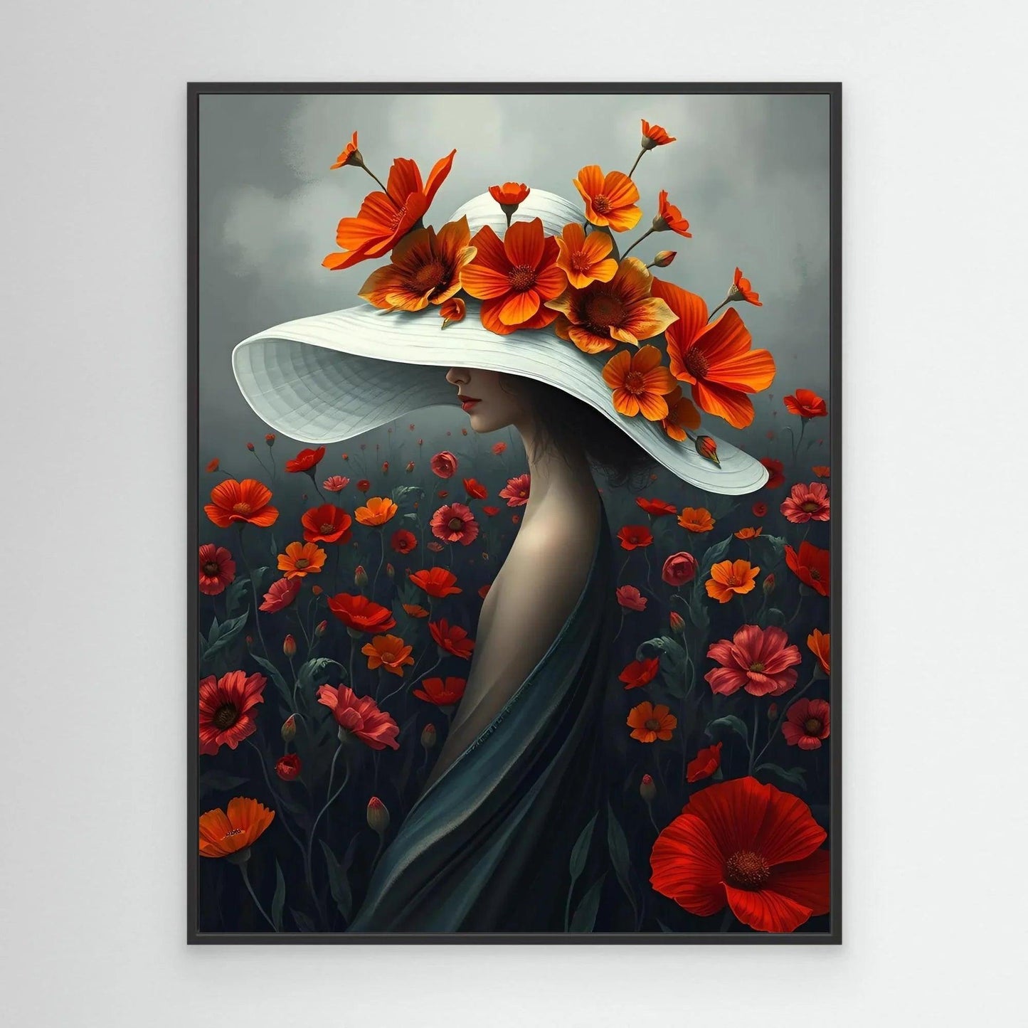 Floral canvas art in a black frame: woman in white hat with orange-red poppies