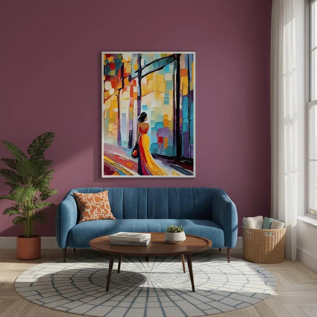 Framed art poster of woman in yellow gown and red bag on vibrant street scene