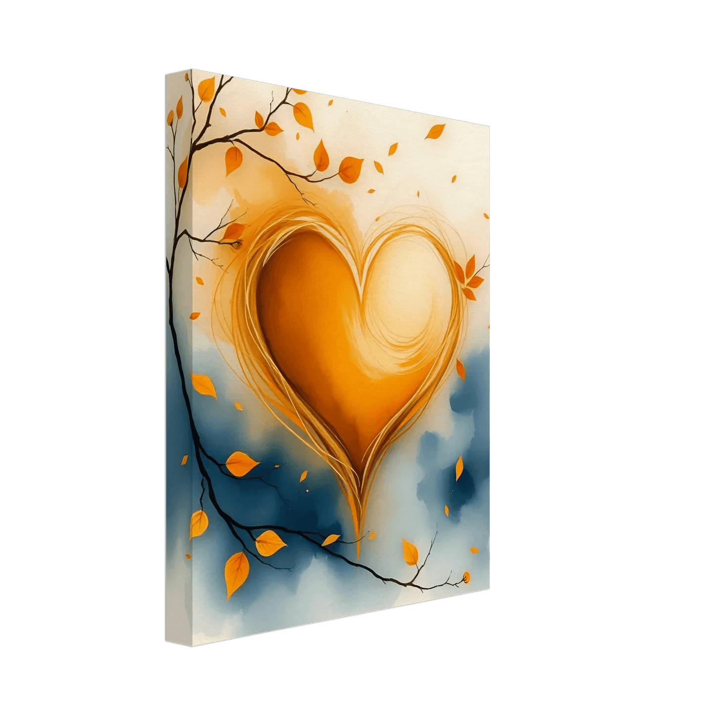 Canvas gallery wrap watercolor art with a glowing orange heart, branch lines, and scattered autumn leaves.