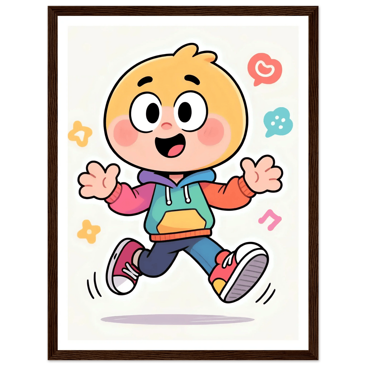 Cartoon character hoodie illustration on a wood-framed poster, arms out and running