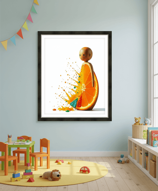 Framed abstract citrus character print with orange slice figure and splatter