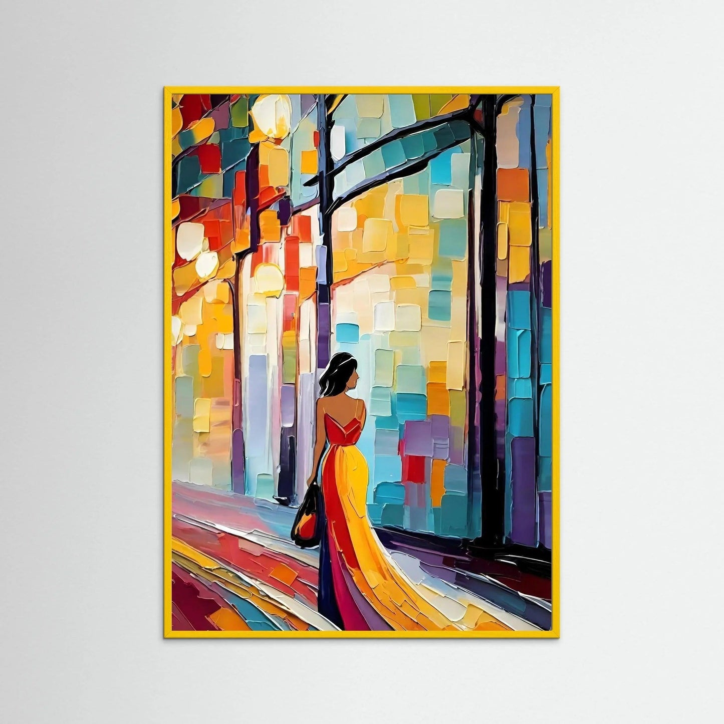 Framed fine art print with vivid city lights, featuring a woman in a red and yellow dress