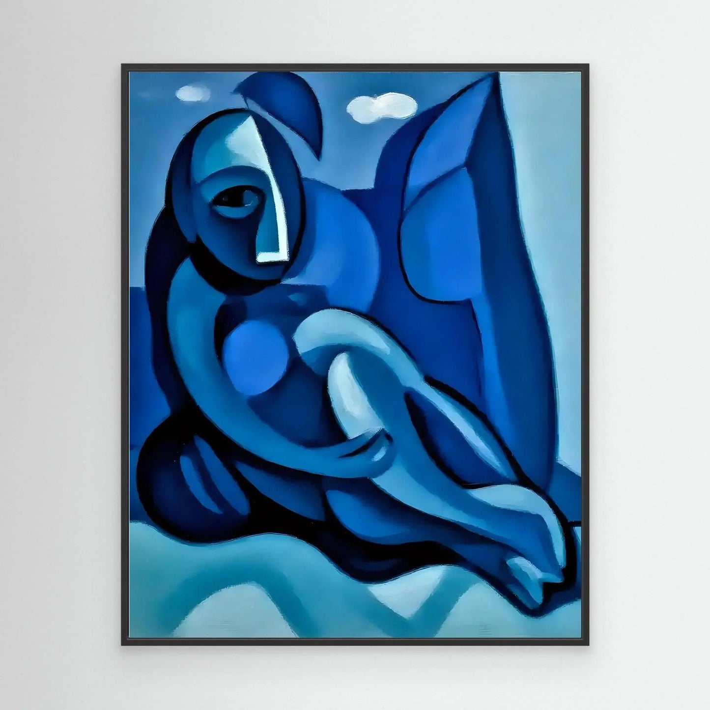 Abstract blue figure wall art print in a black frame with layered shapes