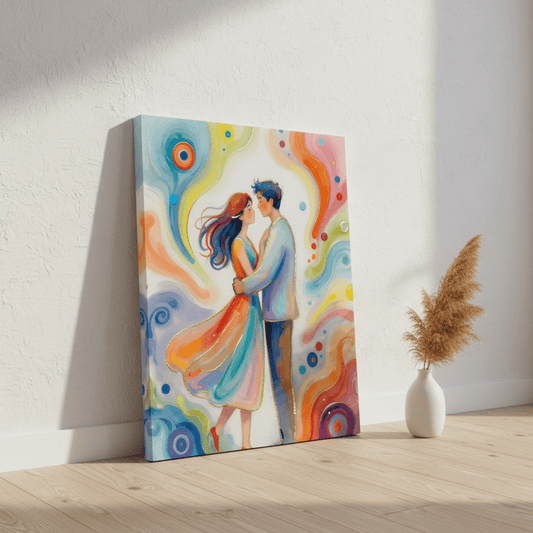 Canvas print featuring a couple holding hands with flowing multicolor waves