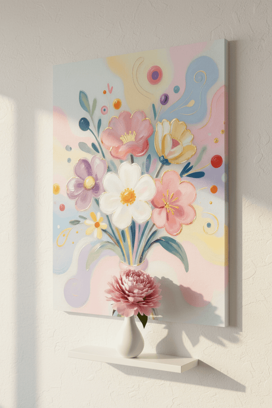 Pastel floral bouquet wall canvas with multi-color blooms and leafy stems in a vase