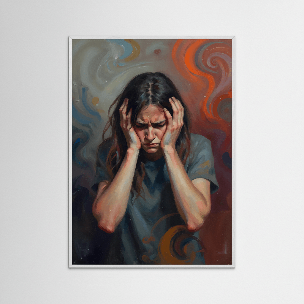 Framed painting of a woman holding her head, white frame and swirling colors
