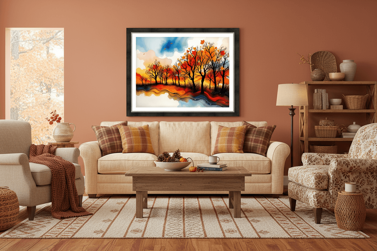 Framed abstract landscape wall art with orange trees, blue sky, and flowing river