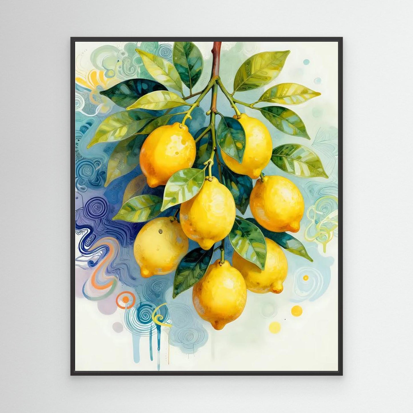 Lemon branch wall art with yellow lemons and green leaves in a black-framed square print