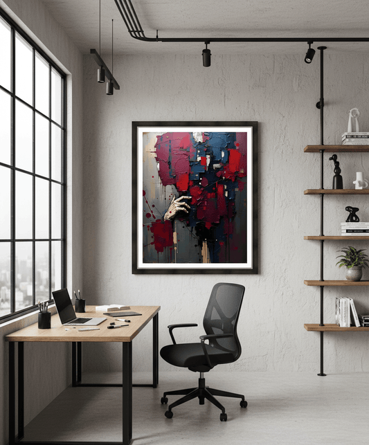 Framed abstract hand painting with red, blue, and purple blocks and paint splatter