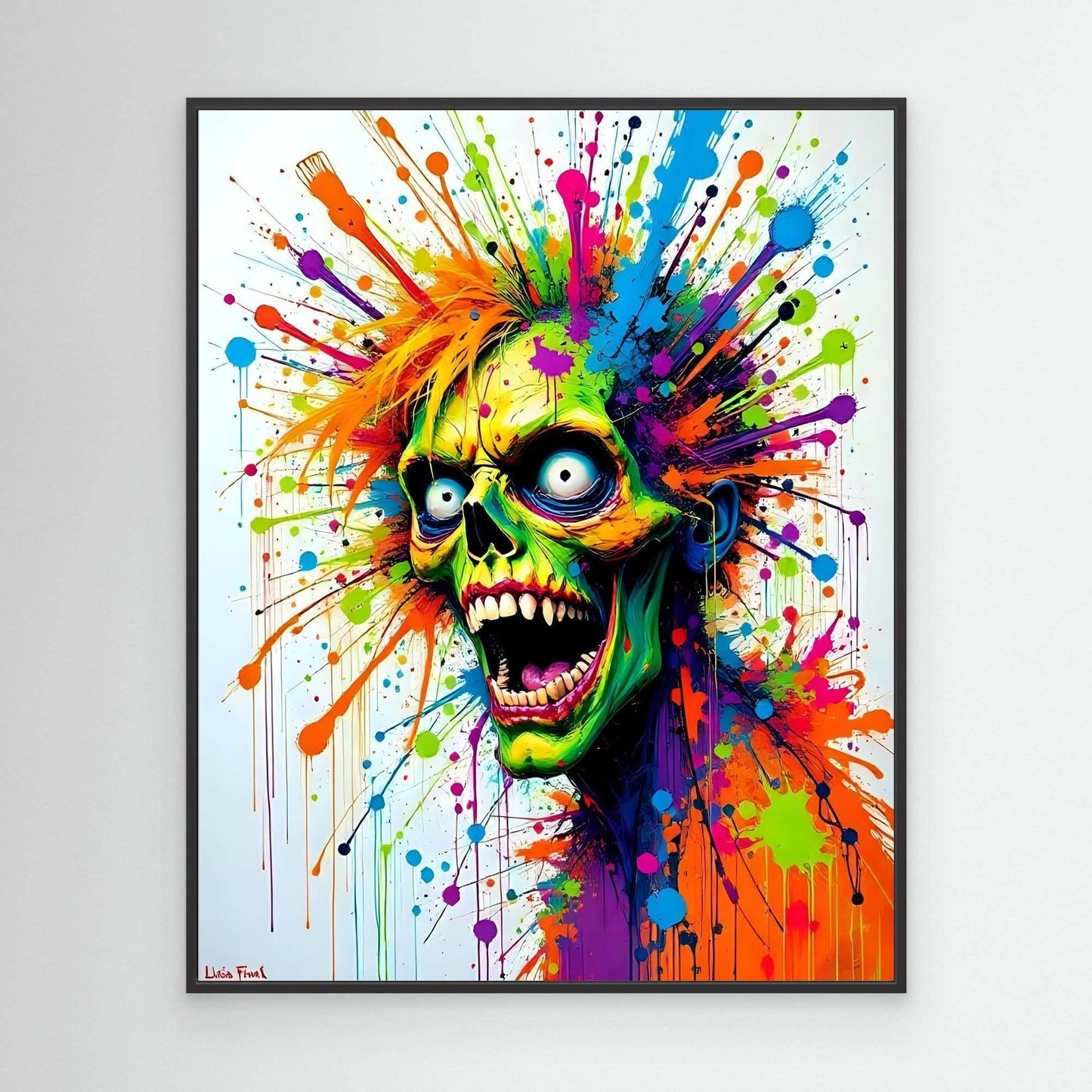 Abstract splatter skull wall art with black frame, neon green, purple, and orange splashes.