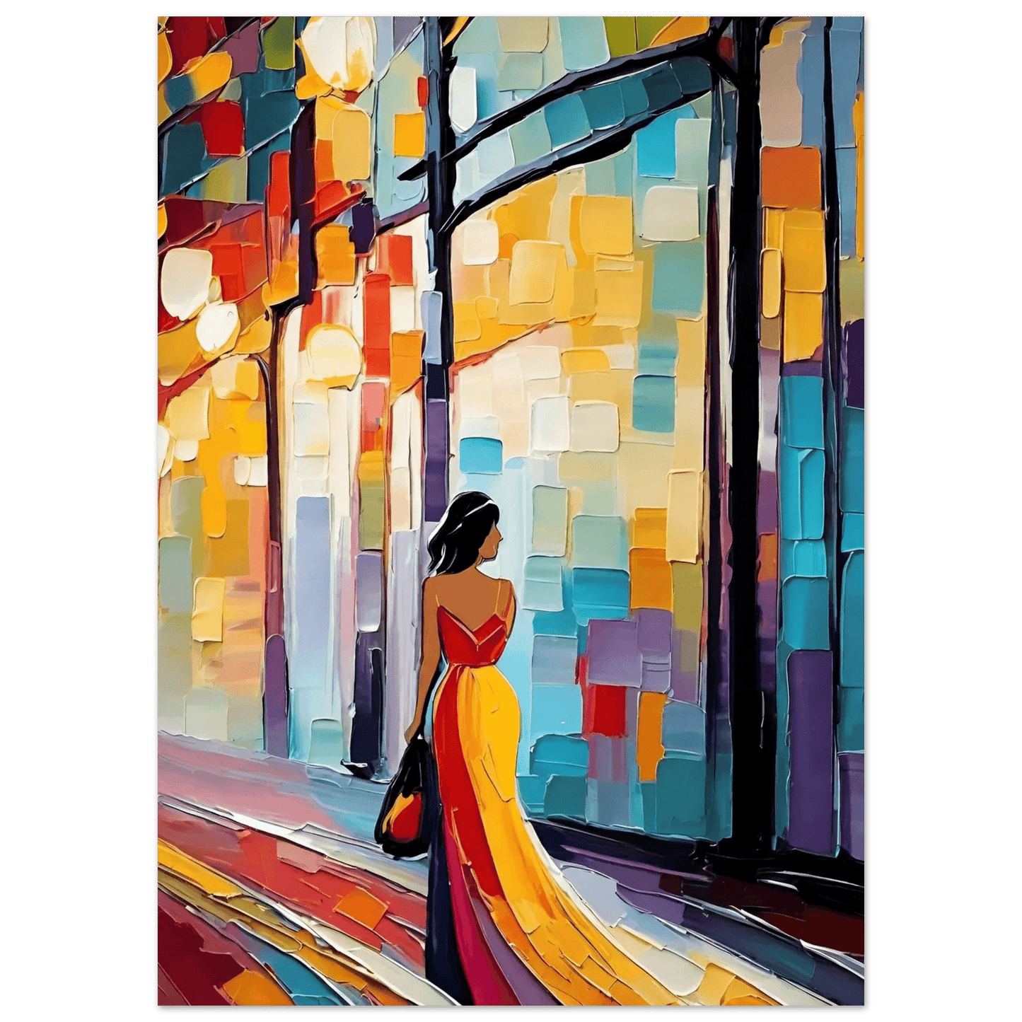 Framed close-up city portrait artwork: woman in red and yellow dress beside colorful columns
