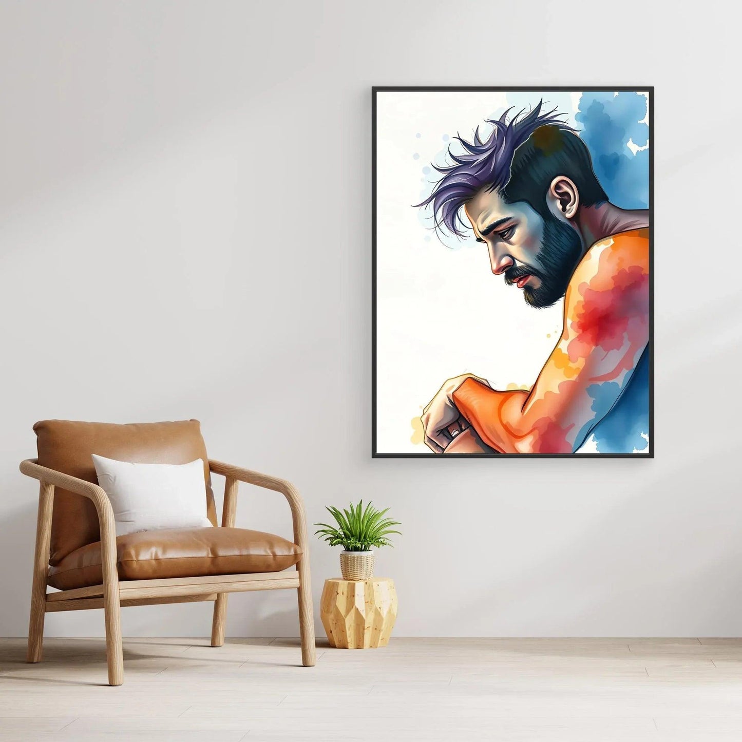 Framed profile portrait artwork of a blue-haired man with orange clothing, colorful watercolor