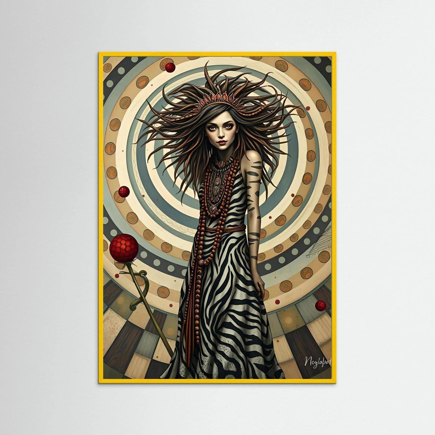 Framed portrait of zebra-print dress woman with beaded necklace, striped bodice and skirt, yellow frame