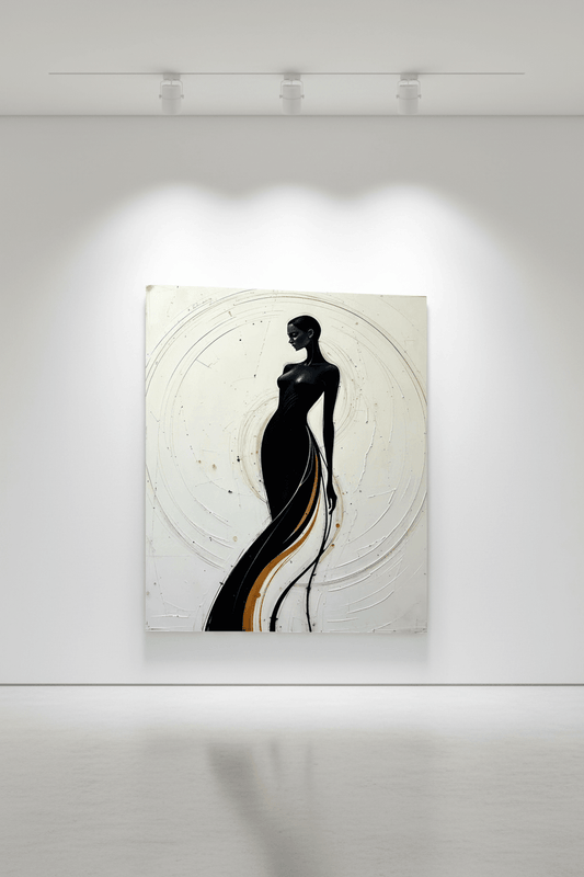 Framed wall art print of a stylized woman silhouette with gold and white abstract lines