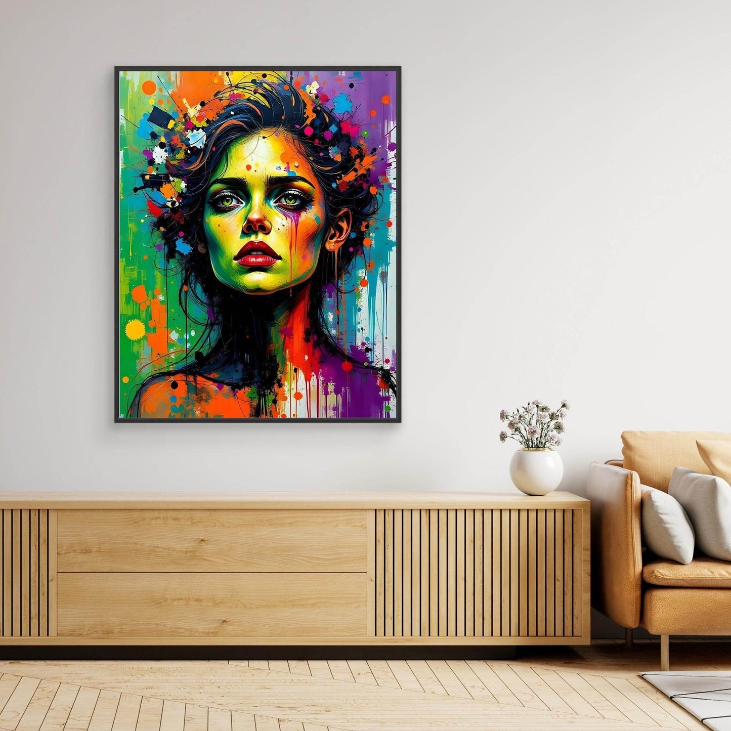 Framed abstract splatter portrait wall art with black frame and vivid multicolor face