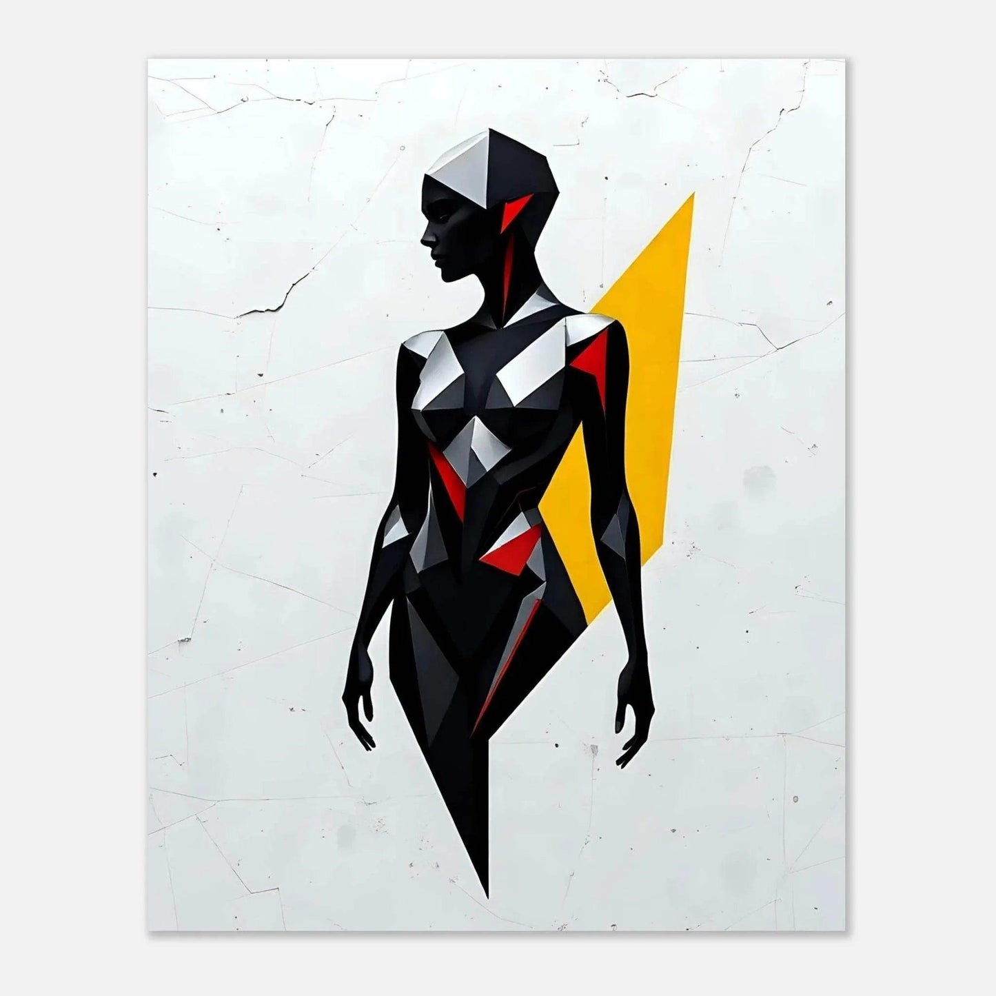 Square low-poly geometric wall art of a black-and-gray faceted female with red and yellow shapes