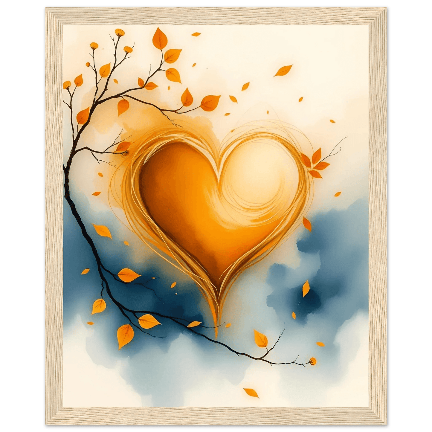 Light wood framed heart watercolor wall art with orange leaves and swirling golden heart center
