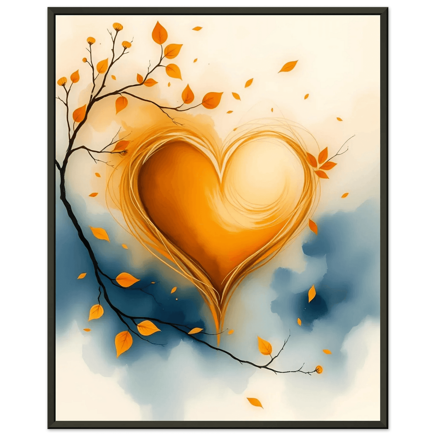 Framed autumn print showing a golden heart swirl with orange leaves on thin branches